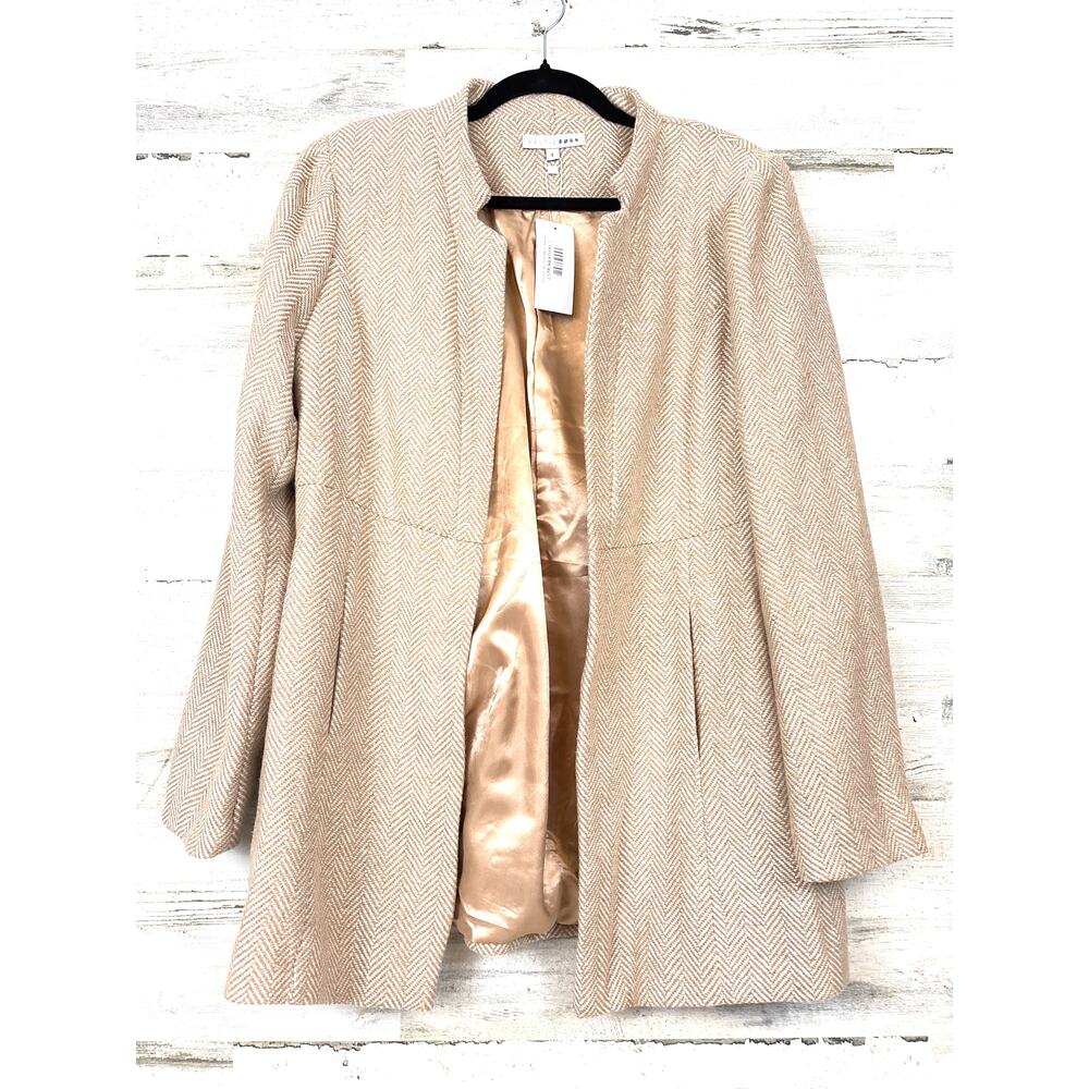 Baltic Born Womens L Beige White Herringbone Open Front Casual Jacket NWT